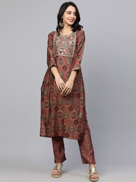 

FASHOR Women Magenta Embroidered Empire Kurta with Trousers