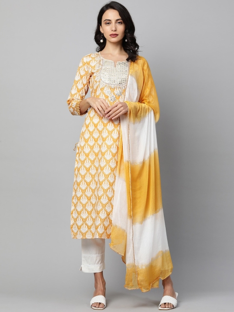 

FASHOR Women Yellow & white Ethnic Motifs Pure Cotton Kurta with Trousers & Dupatta