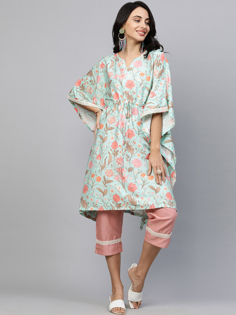 

FASHOR Women Green Floral Printed Regular Dupion Silk Kurta with Trousers
