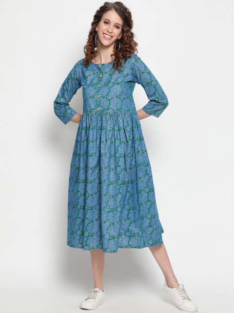 

THE NKS PLUS Women Green & Green Ethnic Motifs Printed Cotton Midi Dress