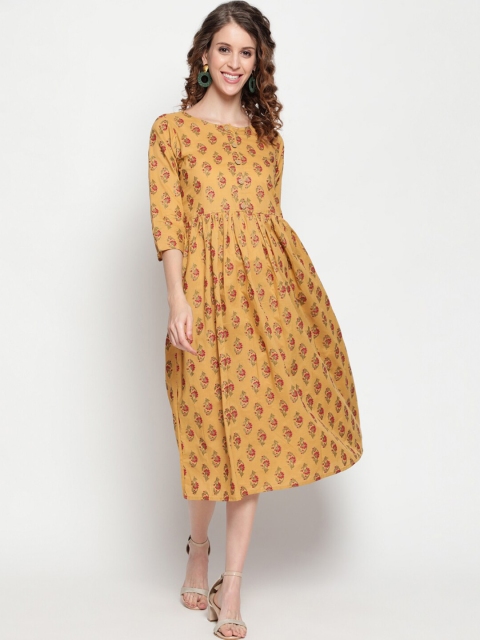 

THE NKS PLUS Women Yellow & Pink Ethnic Motifs Printed Cotton Midi Dress