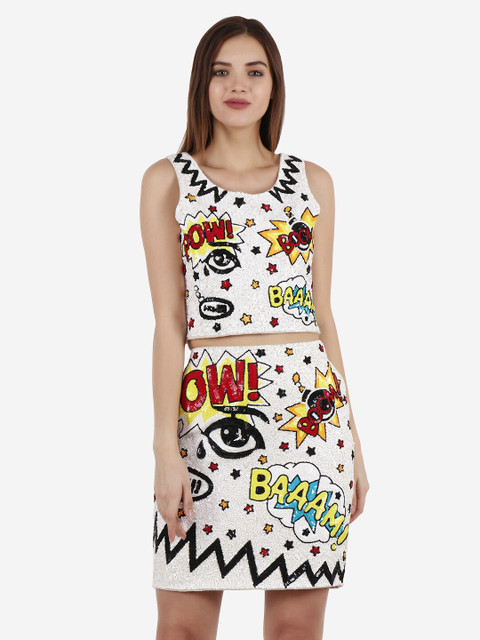 

Diwaah Women Multicolor Conversation Embellished Pure Cotton Crop Top with Skirt, Multi