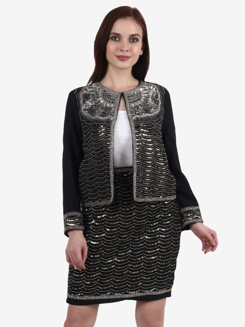 

Diwaah Women Black & Gold-Toned Embellished Coat with Skirt