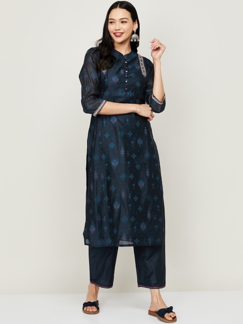 

Melange by Lifestyle Women Navy Blue Ethnic Motifs Regular Kurti with Trousers