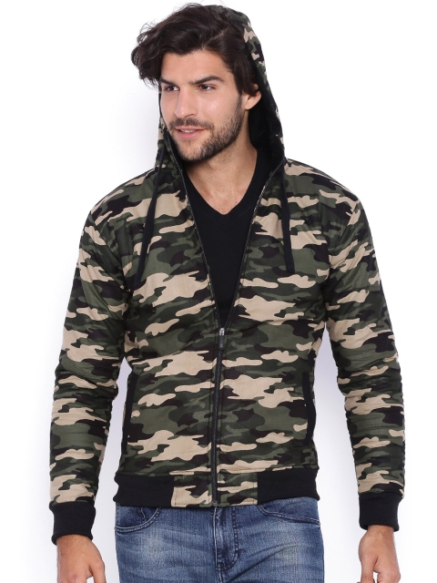 

Campus Sutra Olive Green & Beige Camouflage Print Hooded Bomber Jacket