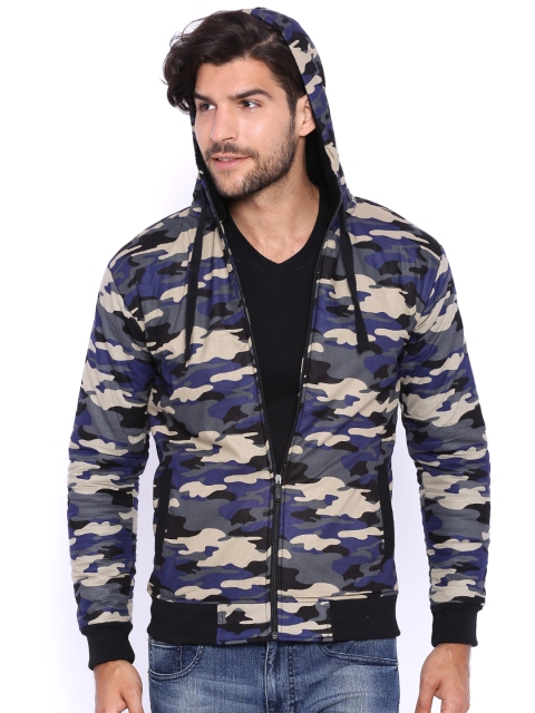 

Campus Sutra Blue & Beige Camouflage Print Hooded Bomber Jacket