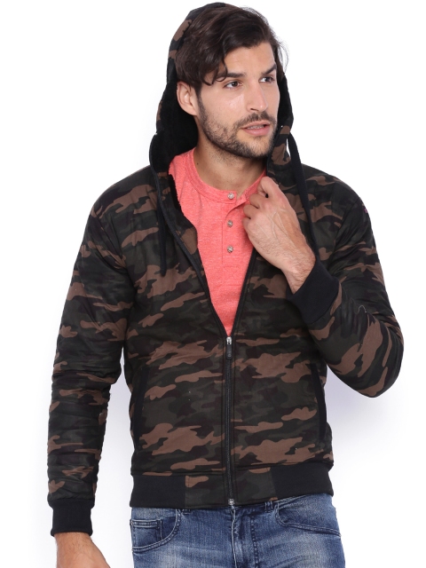 

Campus Sutra Brown & Green Camouflage Print Hooded Bomber Jacket