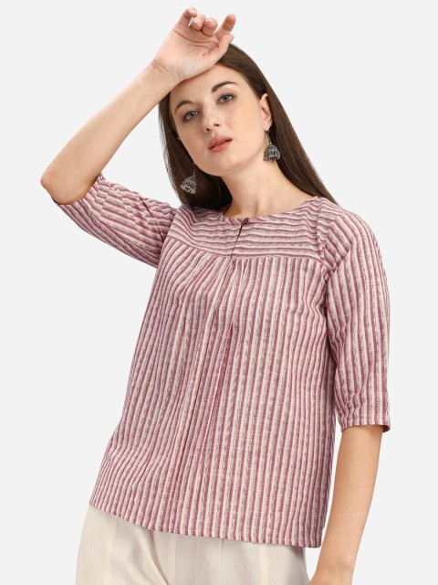 

Mesmora Women Pink & Off White Striped Top with Trousers