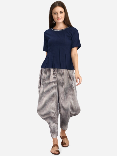 

Mesmora Women Navy Blue & Grey Pure Cotton Top with Trousers