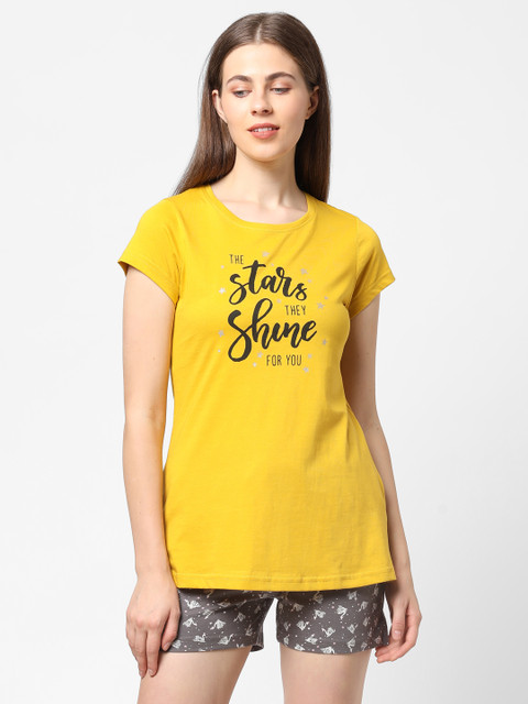 

Sweet Dreams Women Mustard & Grey Printed Night suit With Shorts