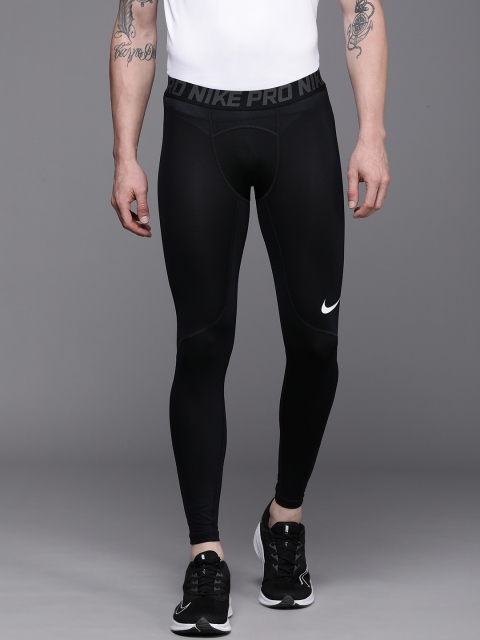 

Nike Pro Men's Black SOlid Brand Logo Printed Tights