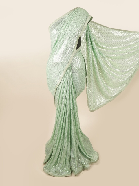 

Pothys Green & Silver Embellished Sequinned Net Saree