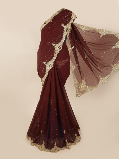 

Pothys Brown & Gold-Toned Embellished Beads & Stones Saree