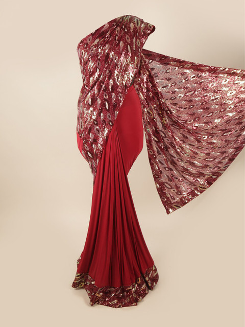 

Pothys Maroon Embellished Sequinned Net Saree