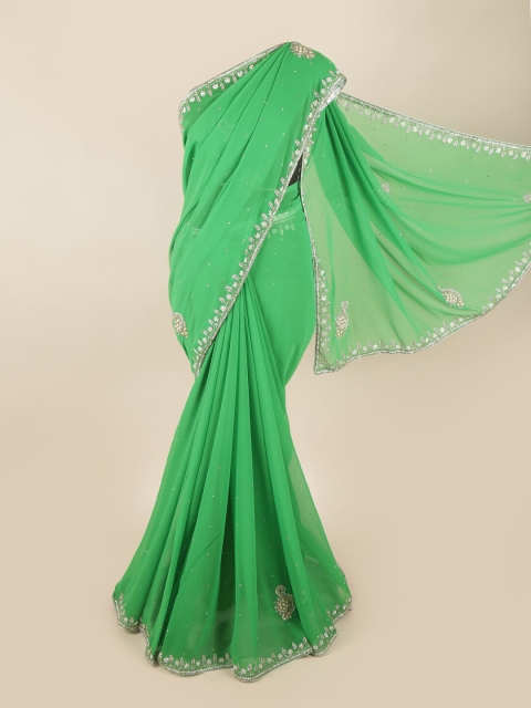 

Pothys Green & Silver-Toned Embellished Beads and Stones Saree