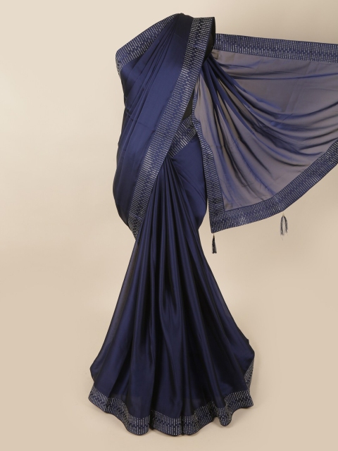 

Pothys Blue & Silver-Toned Beads and Stones Poly Georgette Saree