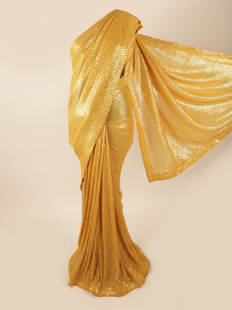 

Pothys Yellow & Gold-Toned Embellished Sequinned Net Saree