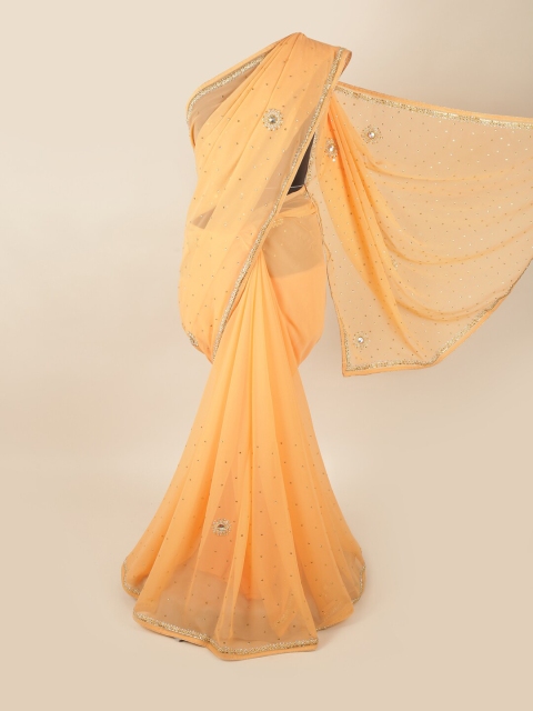 

Pothys Peach-Coloured & Gold-Coloured Embellished Beads and Stones Saree