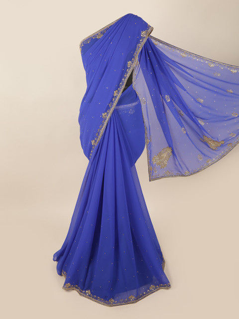 

Pothys Blue & Gold-Toned Embellished Beads and Stones Saree