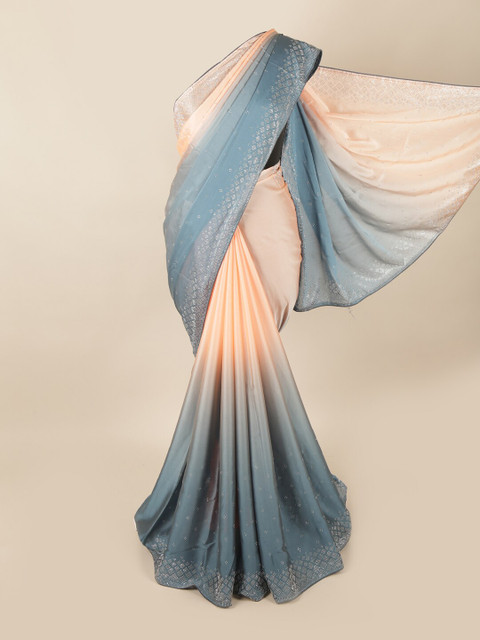 

Pothys Peach-Coloured & Blue Embellished Beads and Stones Saree