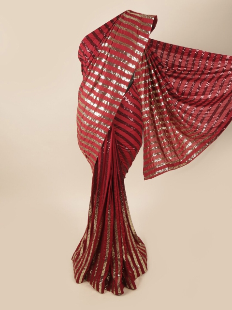 

Pothys Maroon & Silver-Toned Embellished Sequinned Poly Georgette Saree