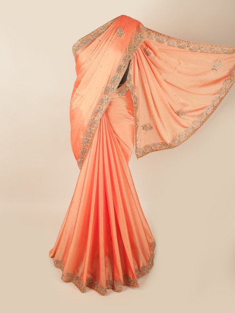 

Pothys Peach-Coloured & Gold-Toned Embellished Beads and Stones Saree