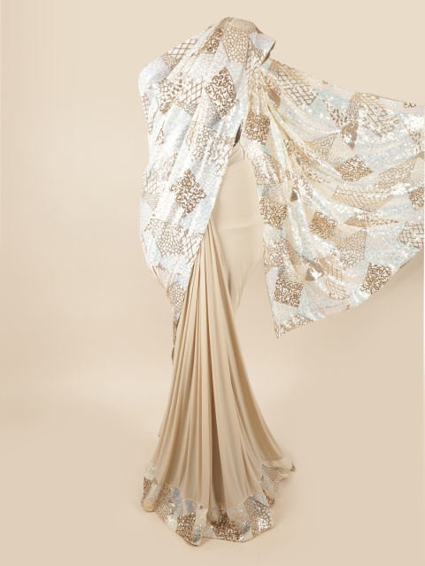 

Pothys Beige & White Embellished Sequinned Net Saree