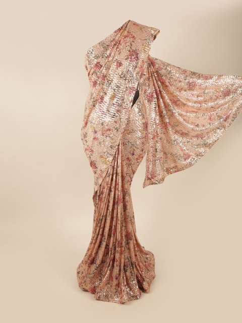 

Pothys Peach-Coloured & Pink Embellished Sequinned Net Heavy Work Saree