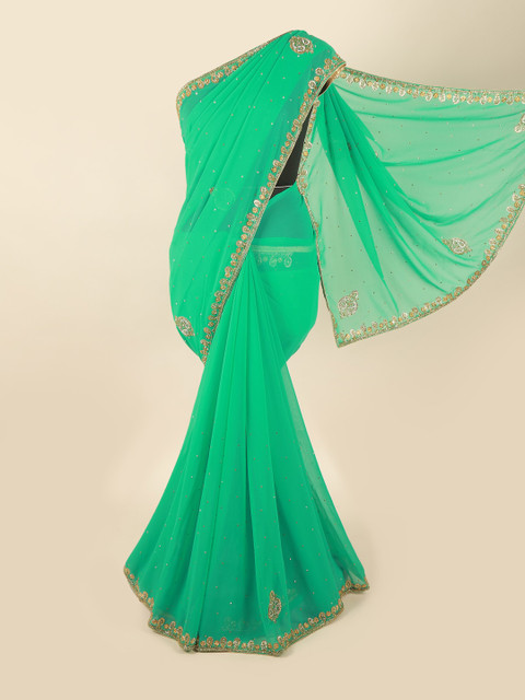 

Pothys Green & Gold-Toned Embellished Beads and Stones Saree