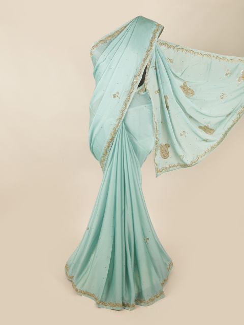 

Pothys Blue & Gold-Toned Embellished Beads and Stones Saree