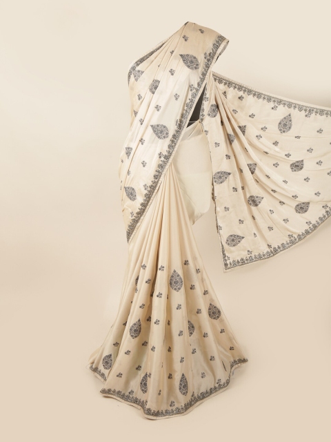 

Pothys Cream-Coloured & Grey Embellished Beads and Stones Saree