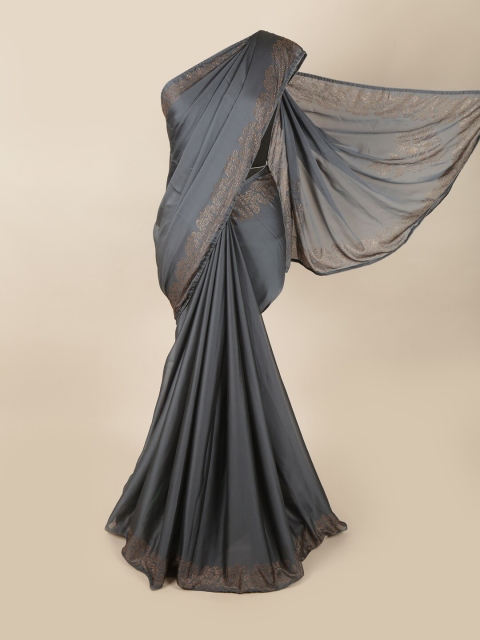 

Pothys Grey & Gold-Toned Beads and Stones Poly Georgette Saree