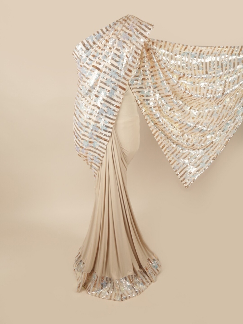 

Pothys Cream-Coloured & Silver-Toned Embellished Zari Net Saree
