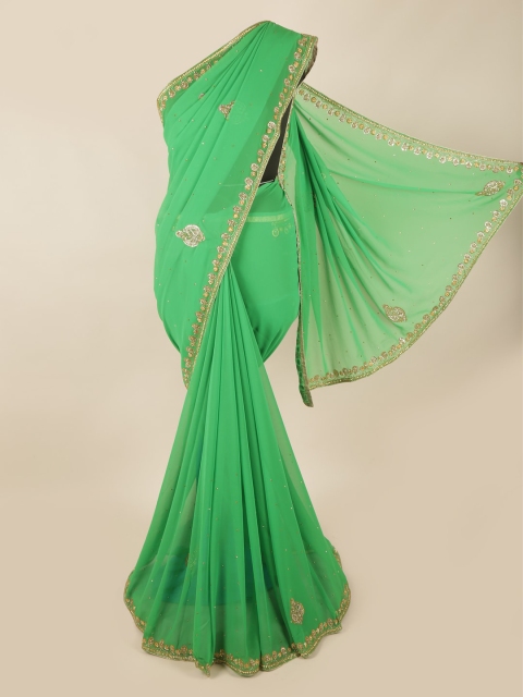 

Pothys Green & Gold-Toned Embellished Beads and Stones Heavy Work Saree