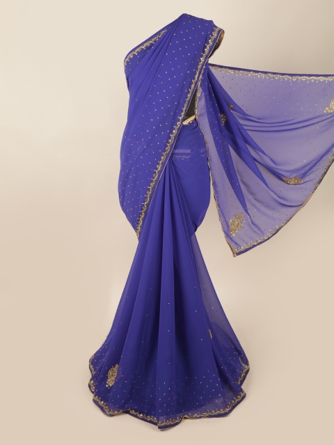 

Pothys Blue & Gold-Toned Embellished Beads and Stones Saree