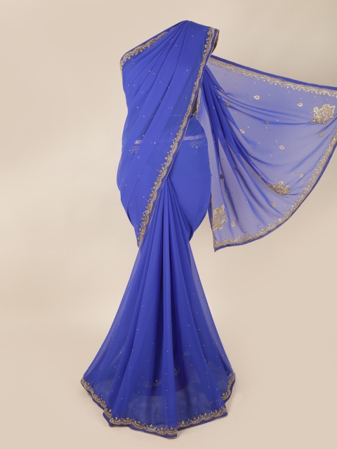 

Pothys Blue & Gold-Toned Embellished Beads & Stones Saree