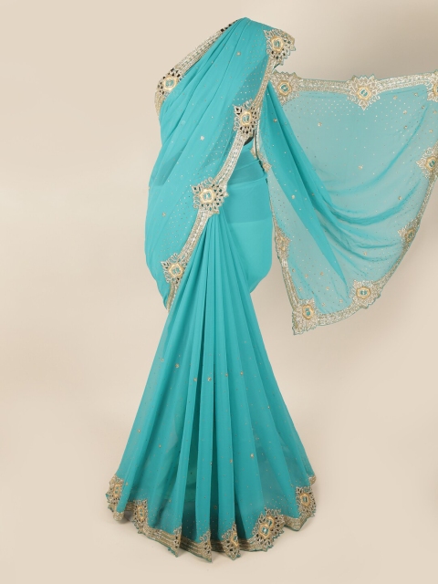 

Pothys Blue & Gold-Toned Floral Embroidered Saree