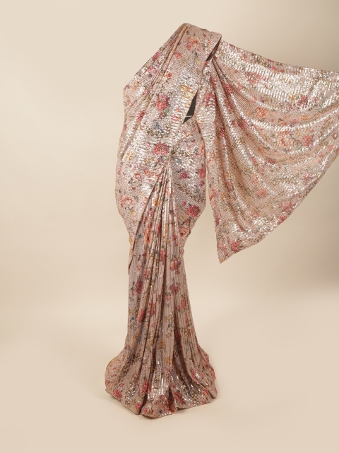 

Pothys Peach-Coloured & Green Embellished Beads and Stones Net Saree