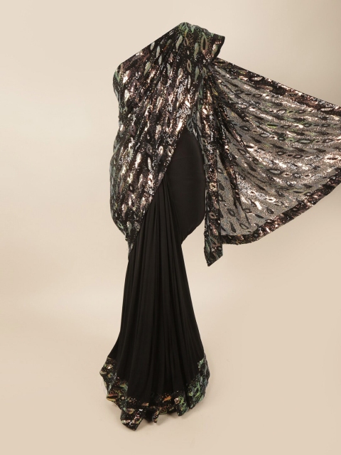 

Pothys Black & Gold-Toned Embellished Net Saree