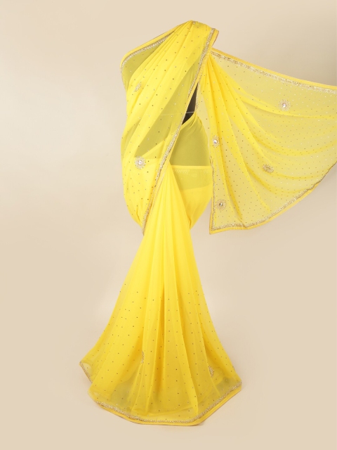 

Pothys Yellow & Silver-Toned Embellished Beads and Stones Saree