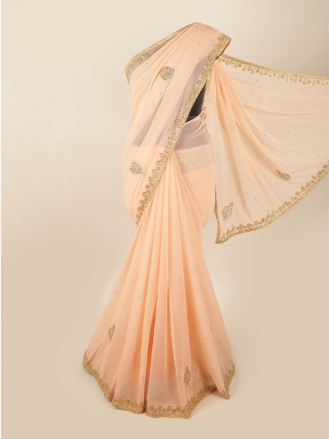 

Pothys Peach-Coloured & Gold-Toned Embellished Saree