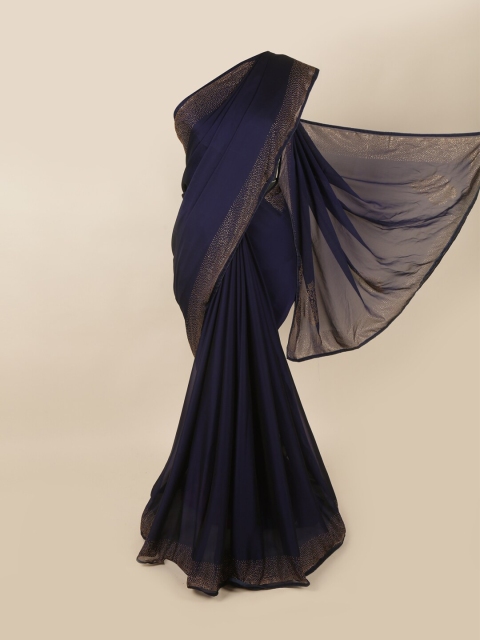 

Pothys Blue & Gold-Toned Beads and Stones Poly Georgette Saree