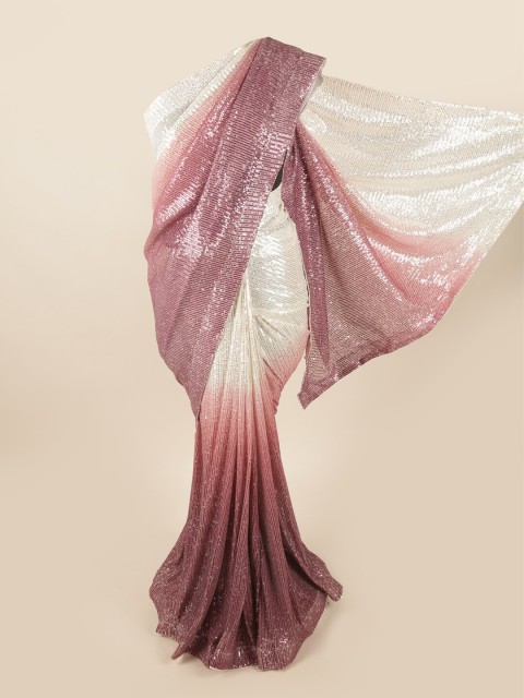

Pothys Pink & Off White Embellished Sequinned Net Saree