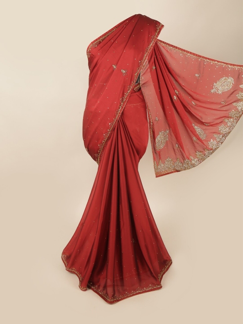 

Pothys Maroon & Gold-Toned Embellished Beads and Stones Poly Georgette Saree