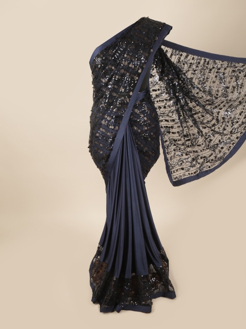 

Pothys Navy Blue & Gold-Toned Embellished Sequinned Net Saree