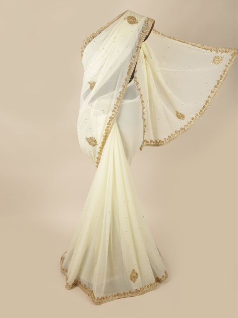 

Pothys Cream-Coloured & Gold-Coloured Embellished Beads and Stones Saree