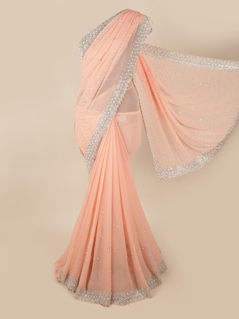 

Pothys Peach-Coloured & Silver-Toned Embellished Beads & Stones Saree