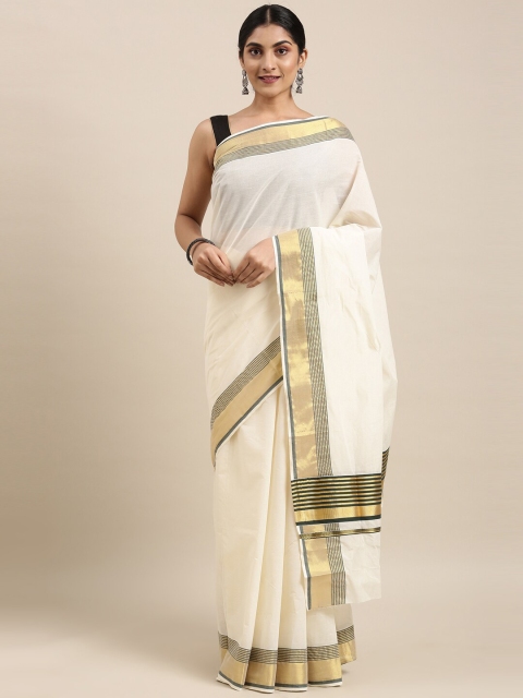 

The Chennai Silks Off White & Black Zari Pure Cotton Kasavu Saree