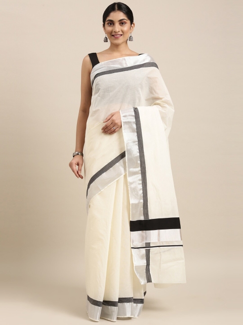 

The Chennai Silks Off White & Black Zari Pure Cotton Kasavu Saree