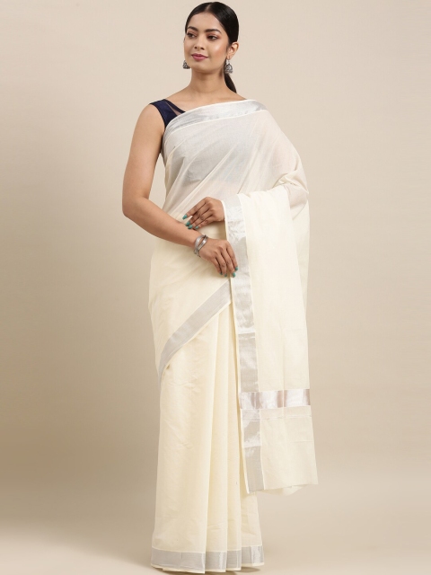 

The Chennai Silks Off White & Silver-Toned Zari Pure Cotton Kasavu Saree